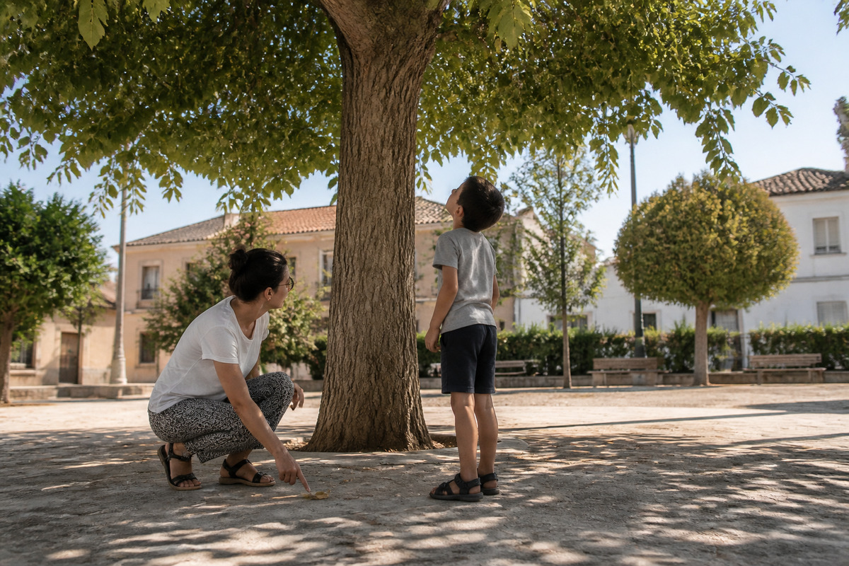 Observar un árbol de sombra de Hellín en tres visitas Una persona adulta y un menor observan una hoja caída, la corteza y la copa de un árbol de sombra en Hellín