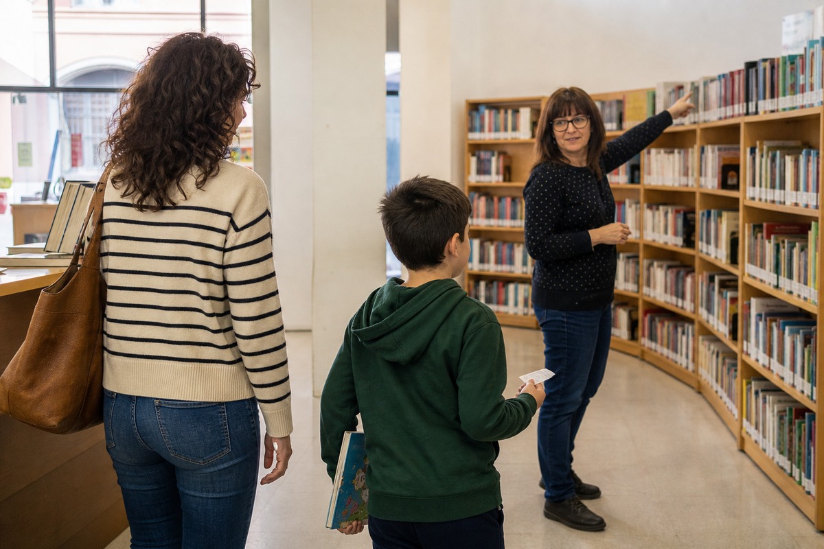 Preparar una visita familiar a la biblioteca en Hellín Una bibliotecaria orienta a una familia que llega con un libro y el carné