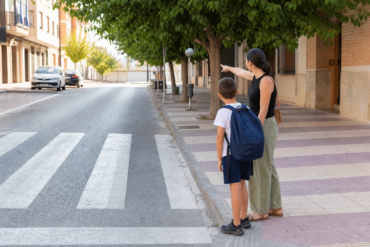 Probar el camino al colegio en Hellín Una madre y un niño comprueban la visibilidad de un paso de peatones