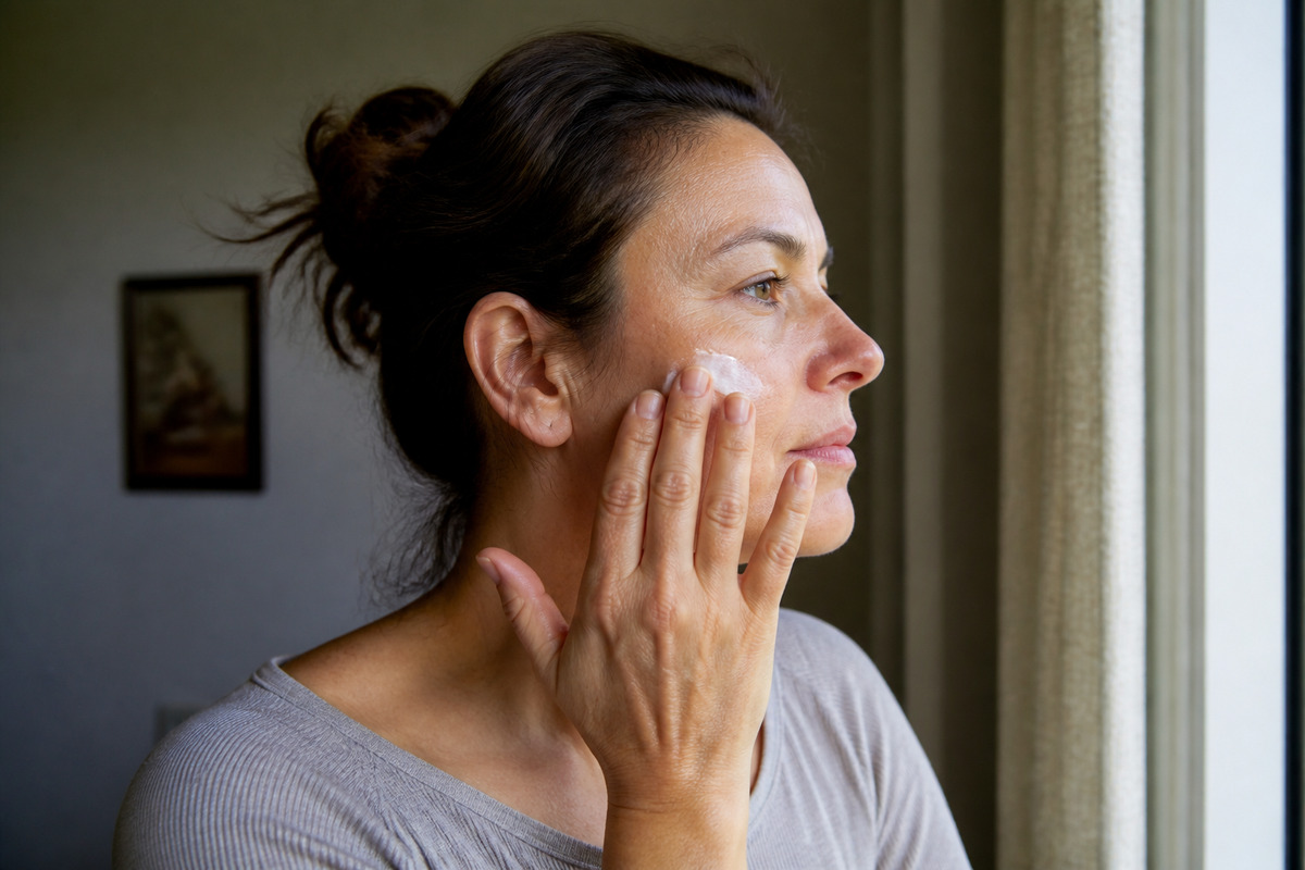 Comparar una crema nueva dentro de una rutina facial estable Una adulta aplica una pequeña cantidad de crema en la mejilla junto a una ventana de su casa en Hellín